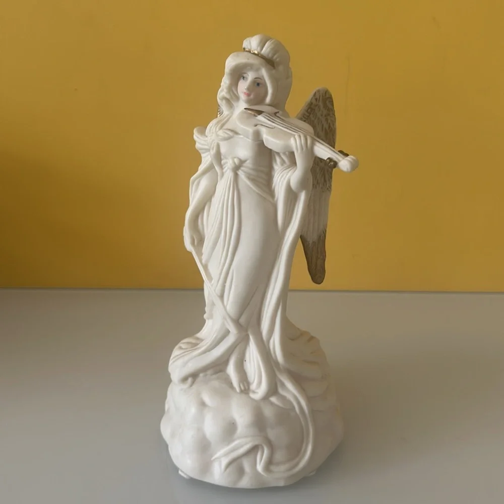 Set of 2 White Ceramic Angel Figurines w/ Harp and Violin Table Décor Sculptures
